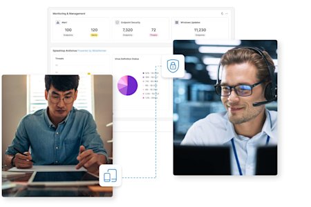 A collage showing two men using digital devices, a laptop and a headset, connected by icons, overlaid with a dashboard displaying security and update statistics and a pie chart.