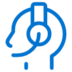 Blue outline icon of a person’s head wearing a headset with a microphone, symbolizing customer support or a call center representative, on a light gray background.