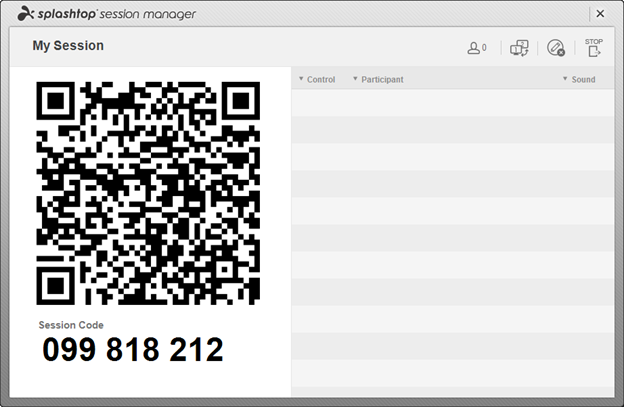 Splashtop session manager interface displaying a QR code