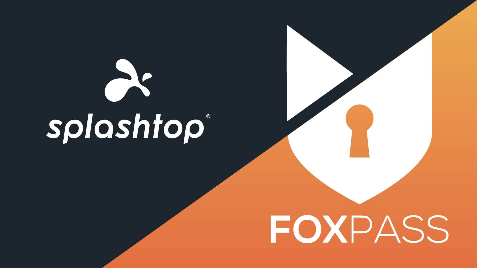 A split background shows the Splashtop logo and text on a dark side, and the Foxpass logo with a keyhole symbol and text on an orange side.
