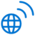 Blue icon of a globe with grid lines on the left and two curved lines above it on the right, representing a wireless internet or global network connection.