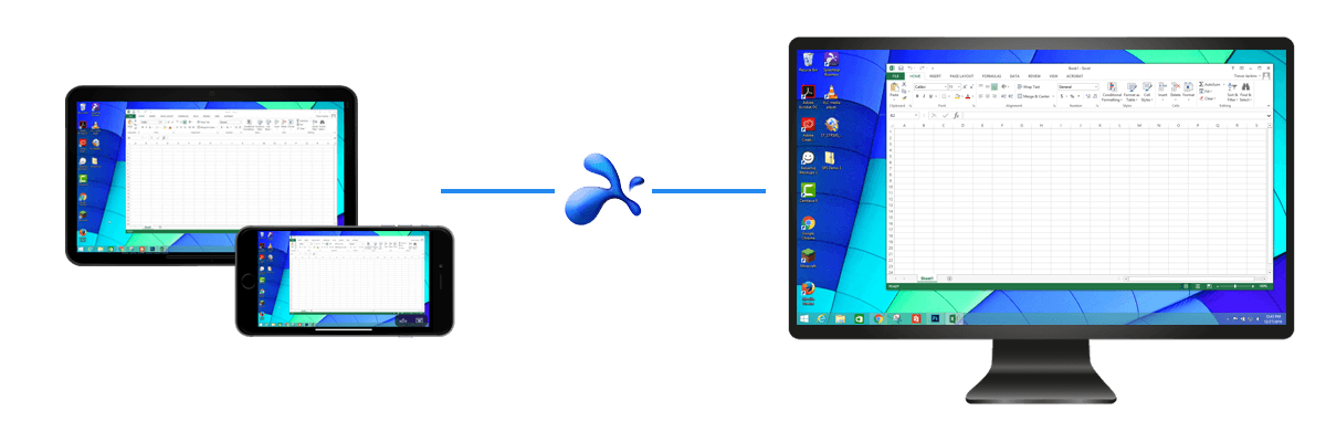 Two tablets display a spreadsheet, connected by an arrow to a desktop monitor showing the same spreadsheet, with a blue Splashtop logo in the center, illustrating remote desktop sharing.