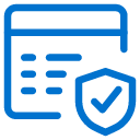 Blue icon showing a web browser window with lines representing text, next to a shield with a check mark, symbolizing online security or verified website protection.