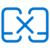 A blue icon showing two rectangular shapes with rounded corners facing each other, connected in the center by a large X shape. The background is light gray.