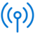 Blue wireless signal icon showing a central circle with a vertical line beneath it and curved lines on each side, symbolizing transmission or connectivity, on a light background.