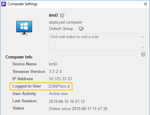 A computer settings window shows device info for timD, including Windows icon, computer name, server version 3.2.0, IP address 50.333.33.20, and logged-in user CORP\tim.d highlighted in yellow.