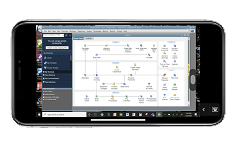 A smartphone displays a screenshot of a desktop computer running accounting software, showing various financial management icons and menus in landscape orientation.