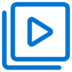 A blue play button icon inside two overlapping rounded squares, symbolizing media playback or video content, on a light gray background.