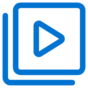 A blue play button icon inside two overlapping rounded squares, symbolizing media playback or video content, on a light gray background.