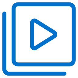 A blue play button icon inside two overlapping rounded squares, symbolizing media playback or video content, on a light gray background.