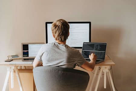A person working remotely from home on a computer.