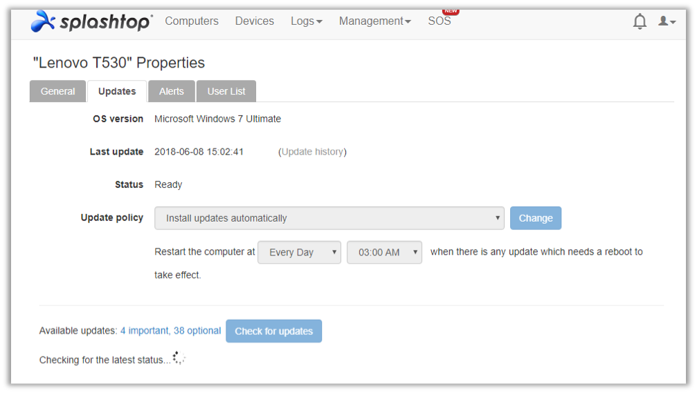 Splashtop interface showing properties for a Lenovo T530