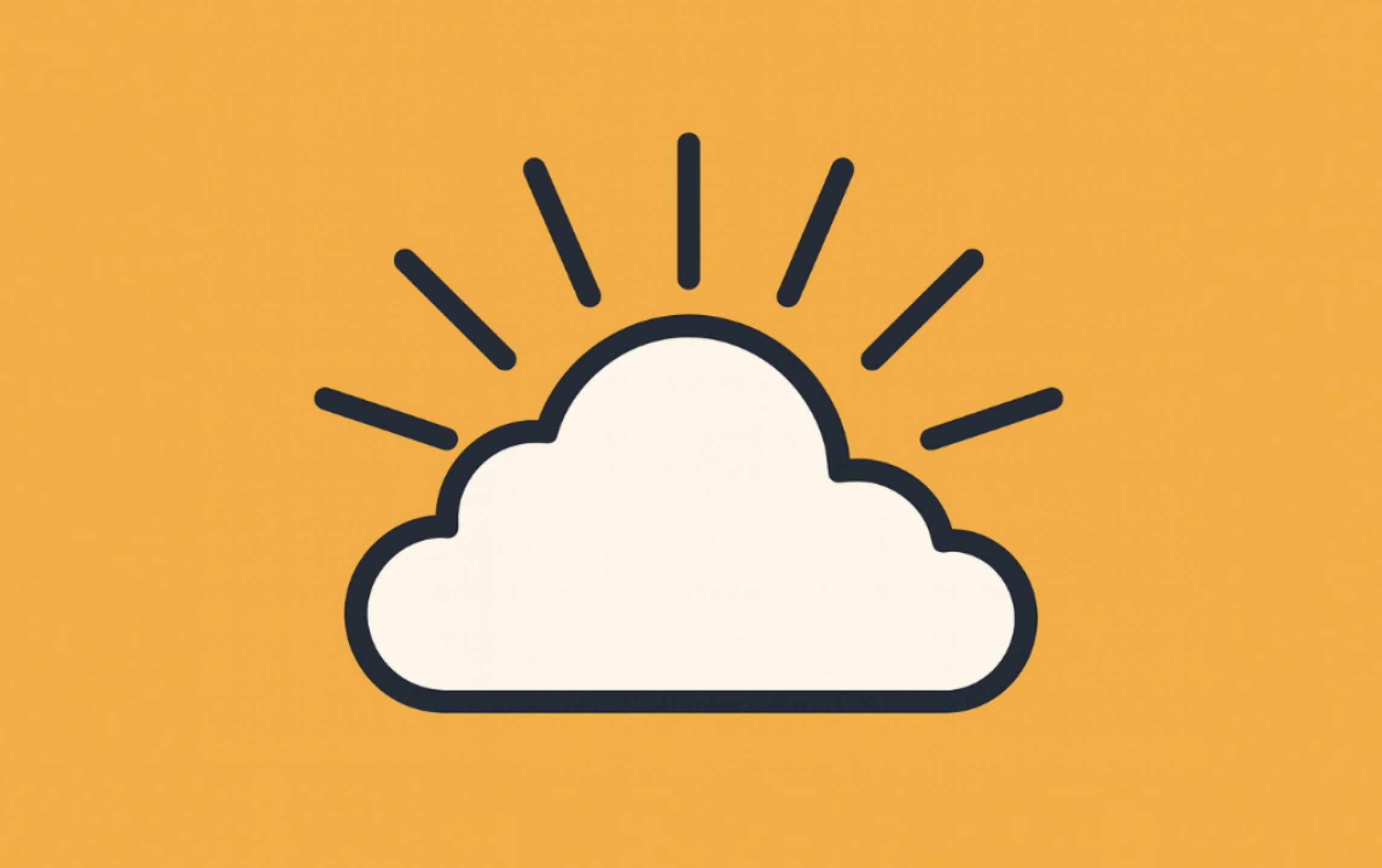 A white cloud with black outline is centered on an orange background. Half of a sun is rising behind the cloud, with six black rays extending upward. The design is minimalist and uses bold lines.