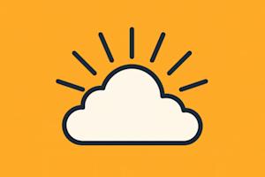 A white cloud with black outline is centered on an orange background. Half of a sun is rising behind the cloud, with six black rays extending upward. The design is minimalist and uses bold lines.