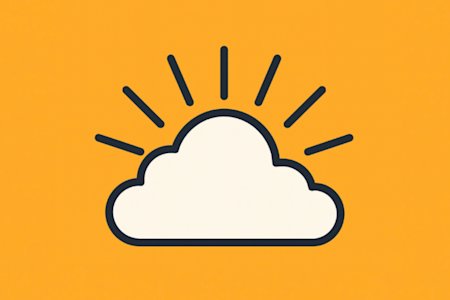 A white cloud with black outline is centered on an orange background. Half of a sun is rising behind the cloud, with six black rays extending upward. The design is minimalist and uses bold lines.