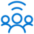Blue icon of three people with curved lines above the center figure, suggesting communication, connection, or broadcasting among a group.