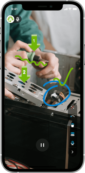 Mobile phone screen showing a live video call with annotations, highlighting components