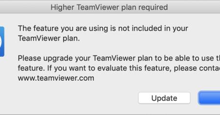 A screenshot from TeamViewer stating a feature is not included in the free version.