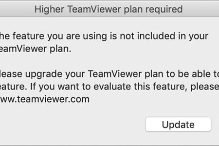 A screenshot from TeamViewer stating a feature is not included in the free version.