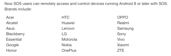 A list of device brands that support remote access with SOS, including Acer, HTC, OPPO, Alcatel, Huawei, Realmi, Asus, Lenovo, Samsung, Blackberry, LG, Sony, Essential, Motorola, Vivo, Google, Nokia, Xiaomi, Honor, OnePlus, and ZTE.