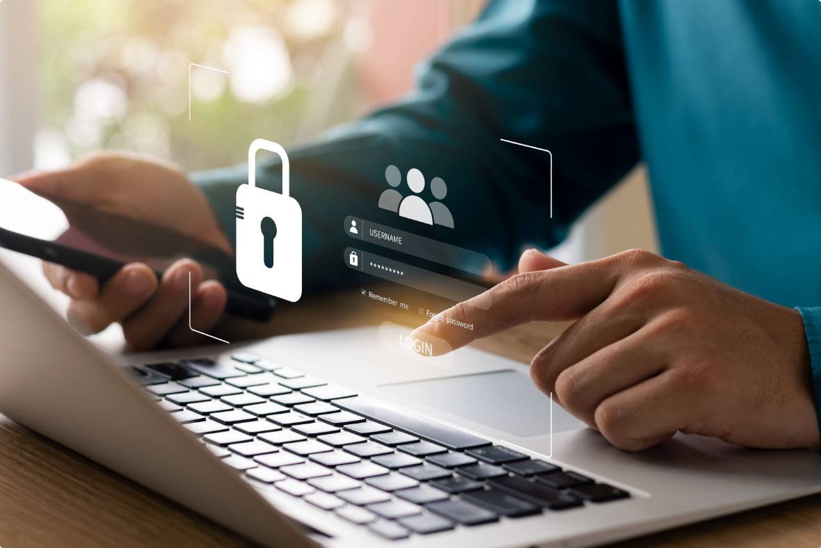 A person uses a smartphone and laptop, with digital login icons and a padlock graphic symbolizing online security and secure access, overlaid on the image.