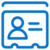 Blue icon of an identification card with a user silhouette on the left and two horizontal lines on the right, representing name or information on the card.