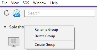 A dropdown menu shows options to rename, delete, or create a group within a software interface. The menu bar includes File, View, SOS, Window, and Help. A search bar and SOS icon are also visible.