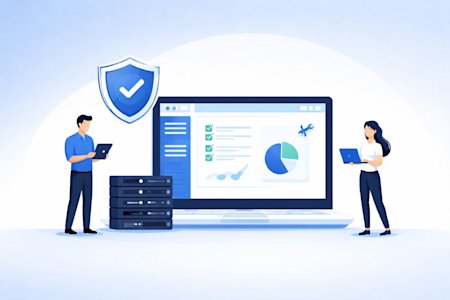 IT professionals reviewing a security dashboard.