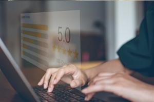 Floating augmented reality notification displaying a review of remote technology