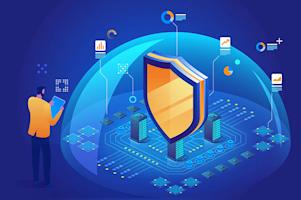 A person with a tablet stands in front of a digital shield symbol, surrounded by servers, data charts, and a protective dome, representing cybersecurity and data protection in a virtual environment.