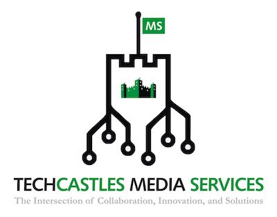 Logo featuring a stylized castle with circuit lines, a green flag labeled MS, and the text TechCastles Media Services with the tagline The Intersection of Collaboration, Innovation, and Solutions.