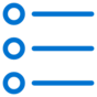 Three blue outlined circles are aligned vertically on the left, each with a horizontal blue line extending to the right, resembling a bulleted list or checklist icon on a light background.